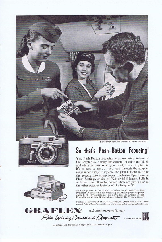 Graflex Graphic 35 Camera 1957 Original Vintage Ad with Airline Pilot and Stewardesses