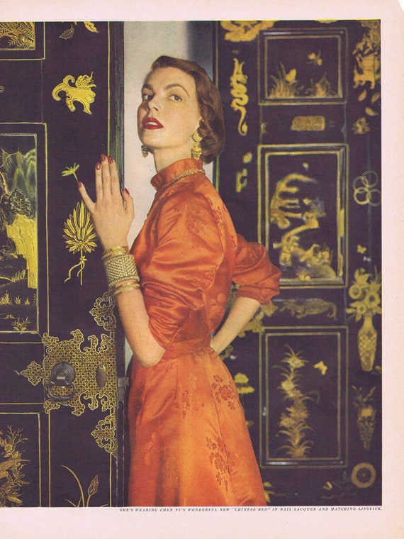 1949 Chen Yu New Chinese Red Dress with Matching Nails and Lipstick Magazine Photo or Lucky Strike Cigarettes Original Vintage Advertisement