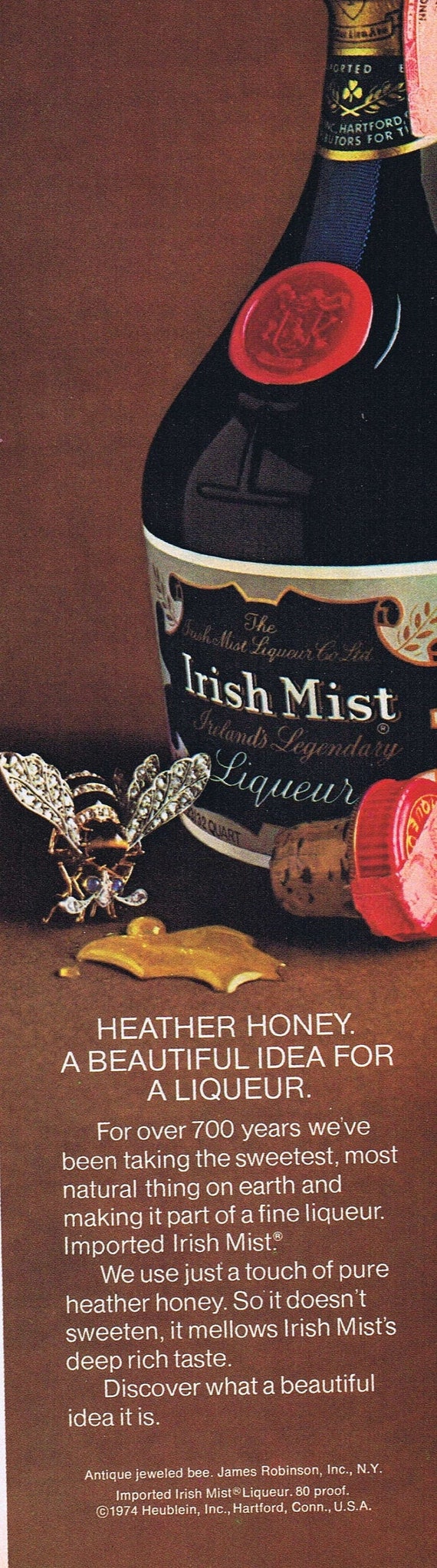 1975 Antique Jeweled Bee and Irish Mist Liqueur or Herschede Hall Clocks Original Vintage Advertisement