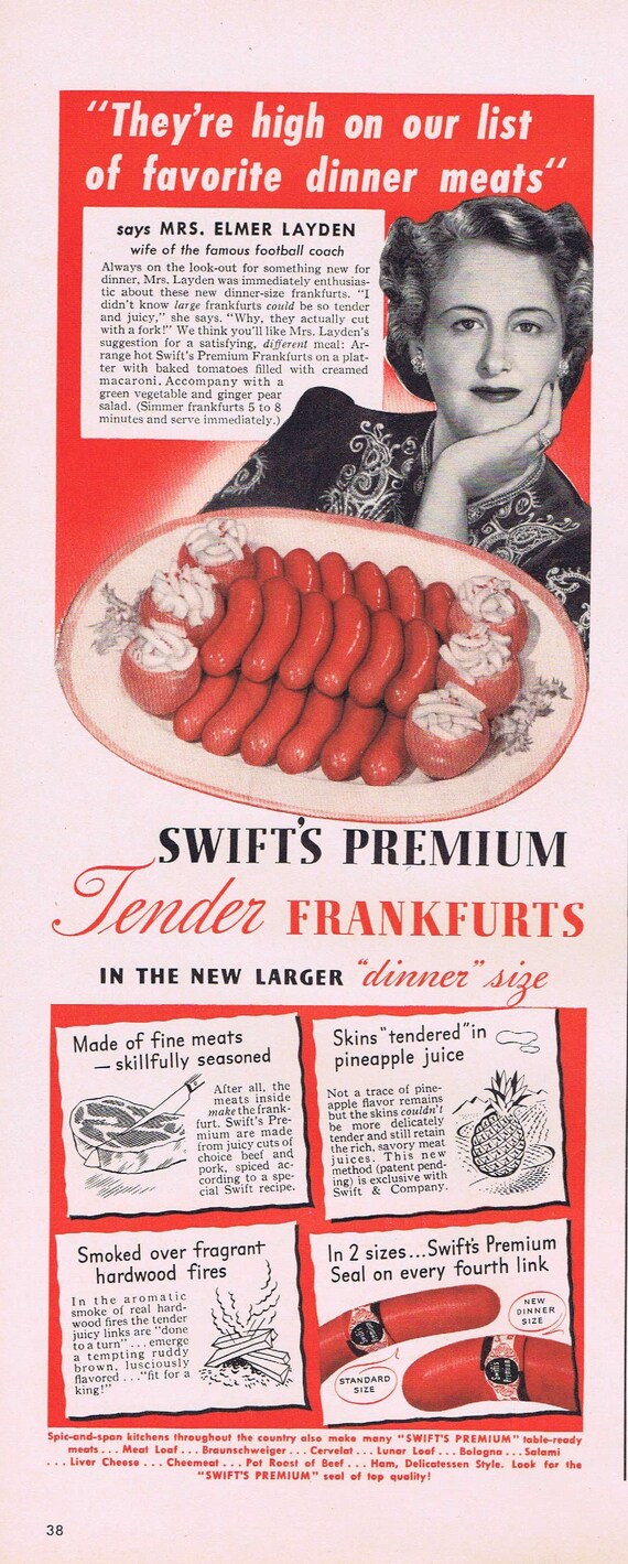 1941 Swift’s Premium Tender Frankfurter with Mrs. Elmer Layden Original Vintage Advertisement