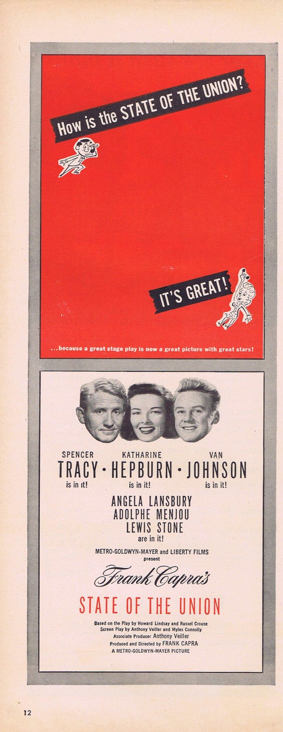 State of the Union 1948 Original Vintage Movie Ad with Spencer Tracy, Katharine Hepburn or Mutual Life of New York Insurance