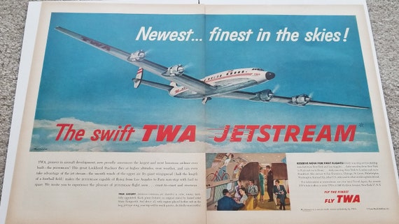 1957 TWA Airlines Unique Double-Page Original Vintage Advertisement with Jetstream Plane