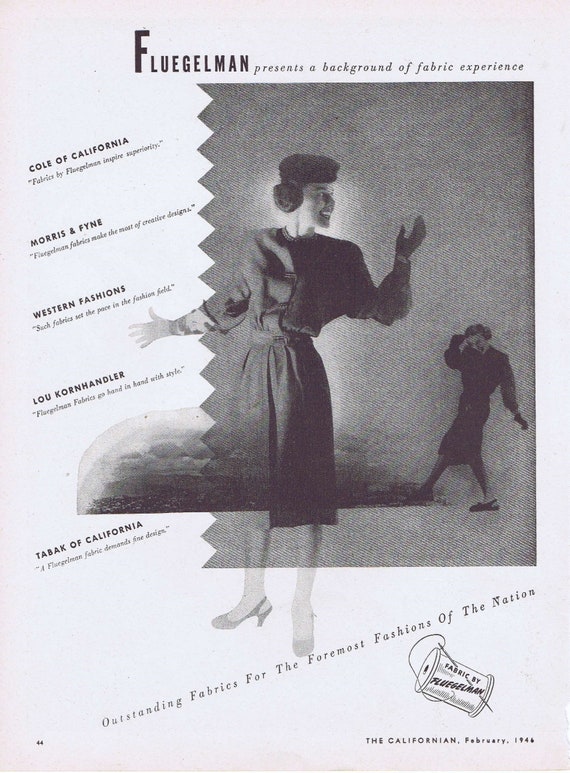 1946 Fluegelman Fabrics for Women’s Dresses or Adele of California Coat Original Vintage Ad