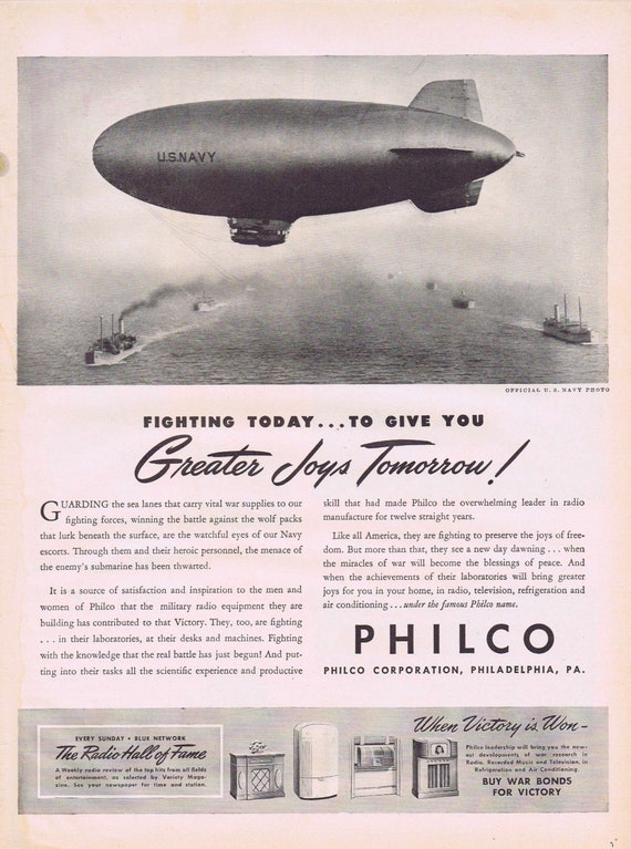 1944 WW2 Navy Zeppelin and Philco Radios  or Shuron Smart Eyewear for the Other Kind of Loneliness Original Vintage Advertisement