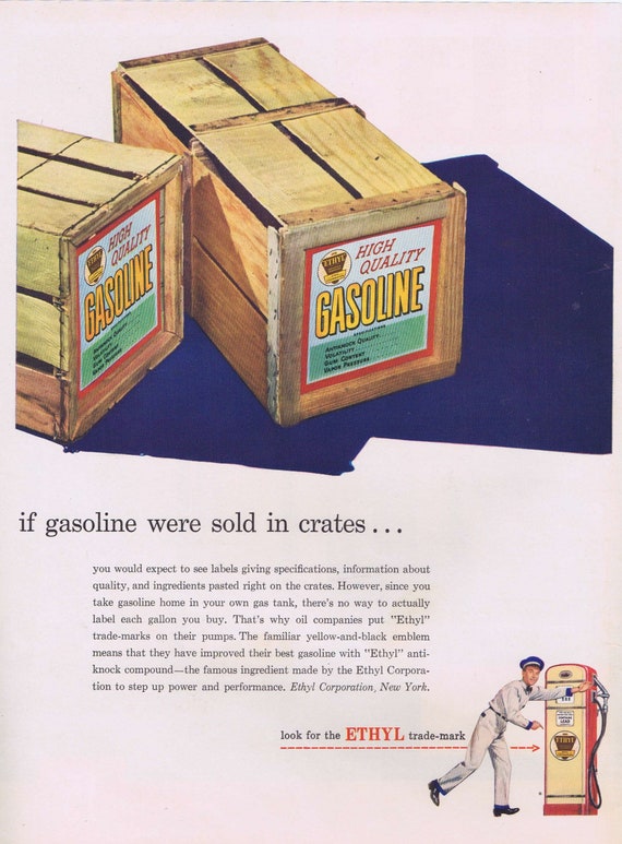 1947 High Quality Ethyl Gasoline Original Vintage Advertisement with Trade-Mark on Gasoline Pump