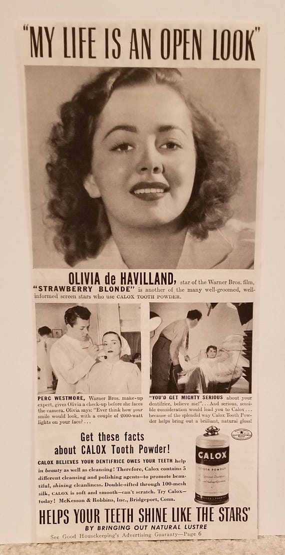 Olivia de Havilland 1941 Calox Tooth Powder Original Vintage Ad Starring in “Strawberry Blonde” film