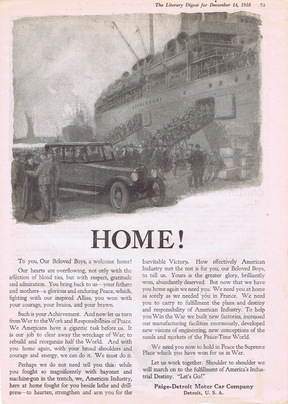 1918 WW1 Victory Welcome Home Original Vintage Advertisement by Paige-Detroit Motor Car