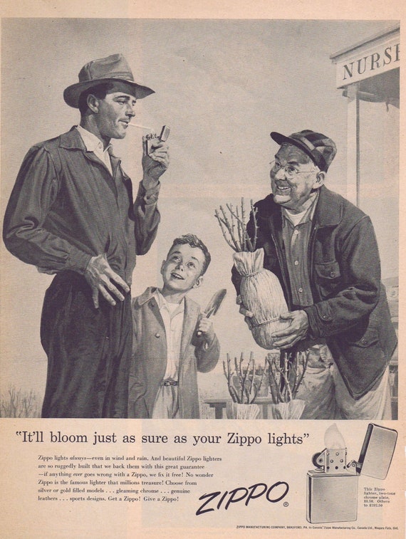 1956 Zippo Lighter Original Vintage Advertisement with Neat Art at a Plant Nursery Take a Look