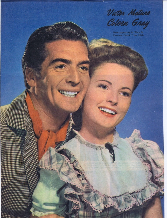 1948 Fury at Furnace Creek Stars Victor Mature and Coleen Gray Color Magazine Photo in Nice Costume Pose