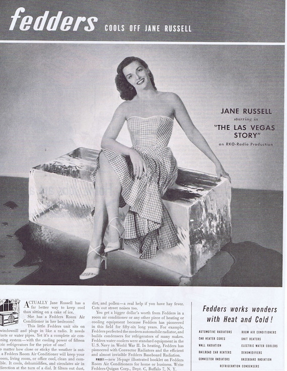 1952 Beautiful Jane Russell and Fedders Air Conditioner or Black & Decker Power Tools Original Vintage Advertisement