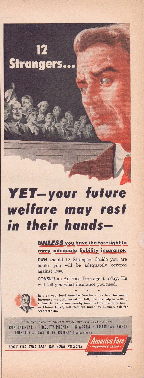 1949 12 Strangers American Fore Insurance Original Vintage Advertisement
