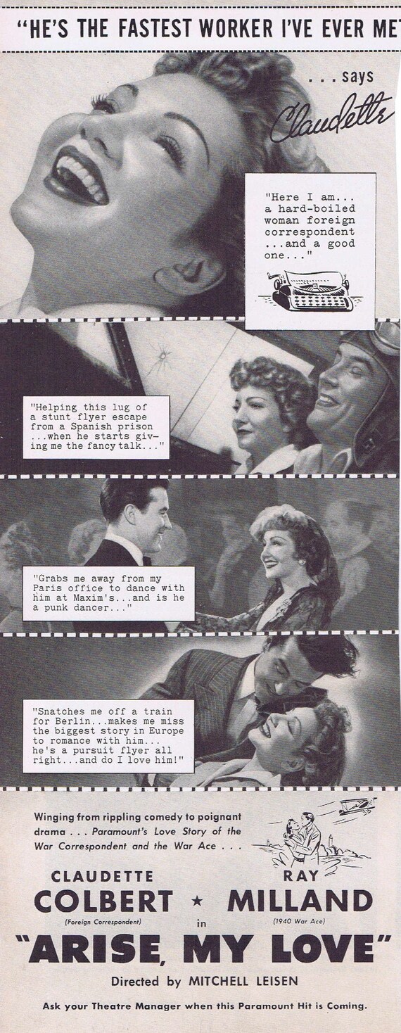 Arise, My Love 1940 Vintage Movie Ad with Claudette Colbert and Ray Milland