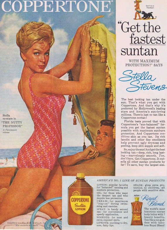 Stella Stevens 1963 Coppertone Suntan Lotion Vintage Advertisement starring in “The Nutty Professor” film