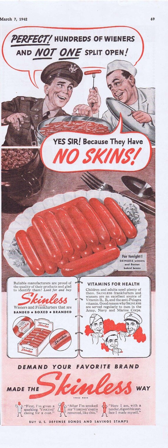 WW2 Soldiers and Skinless Hot Dogs and Beans Original Vintage Advertisement