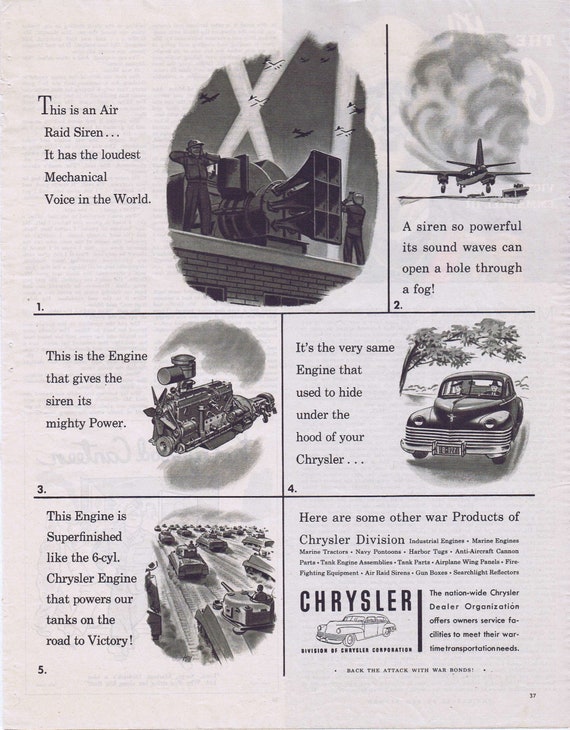 Chrysler WW2 Salute to Air Raid Siren Mighty Mechanical Voice Old 1944 Ad