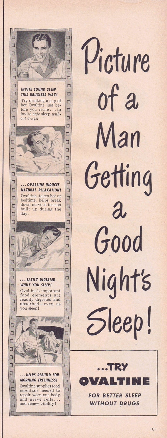 1949 Man Getting a Good Night’s Sleep with Ovaltine Original Vintage Advertisement