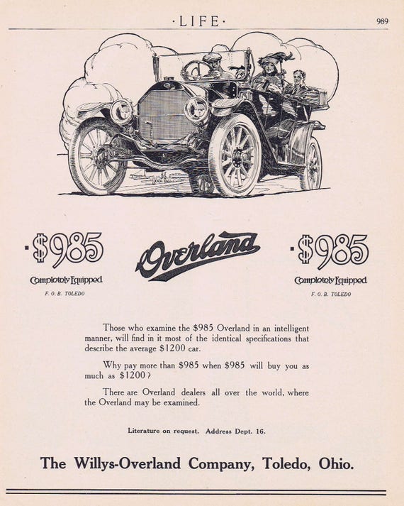 1913 Willys-overland Vintage Automobile Original Vintage Advertisement Neat  Art and Sold for Less Than 1,000 Dollars 