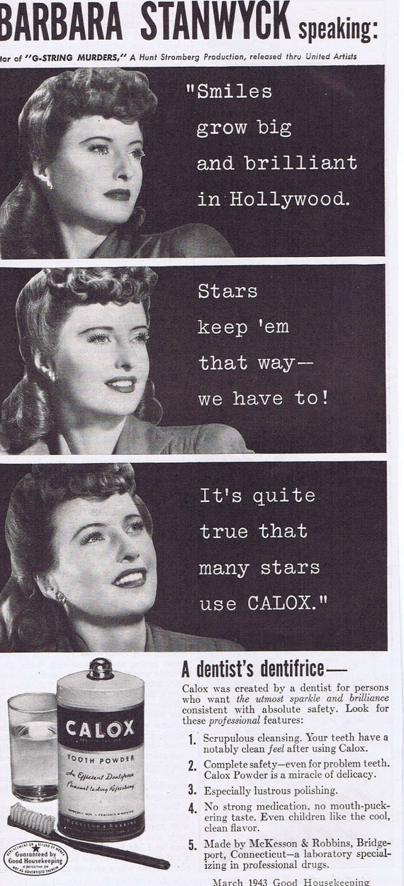 1943 Barbara Stanwyck Calox Tooth Powder Original Vintage Advertisement