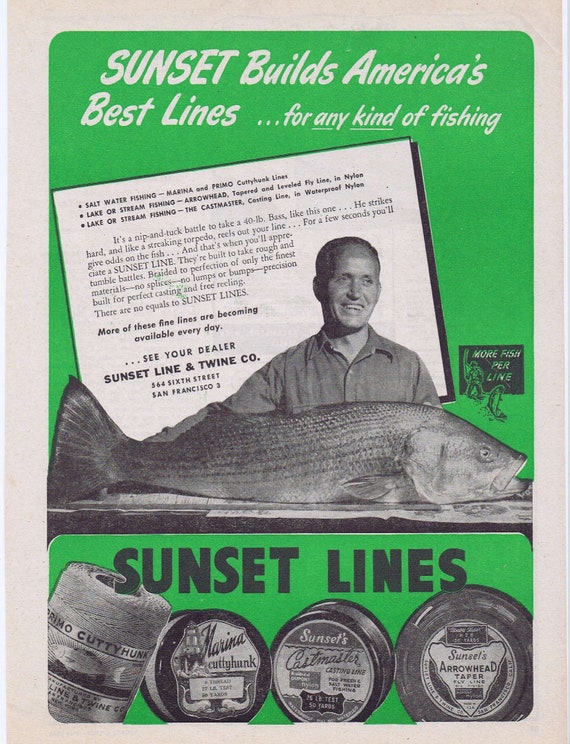 1946 Sunset Fishing Lines Original  Vintage Advertisement See Giant Fish