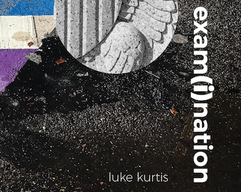 May include: A black and white image of a stone eagle sculpture with a rainbow crosswalk in the background. The text "exam(i)nation" and "luke kurtis" are printed below the sculpture.