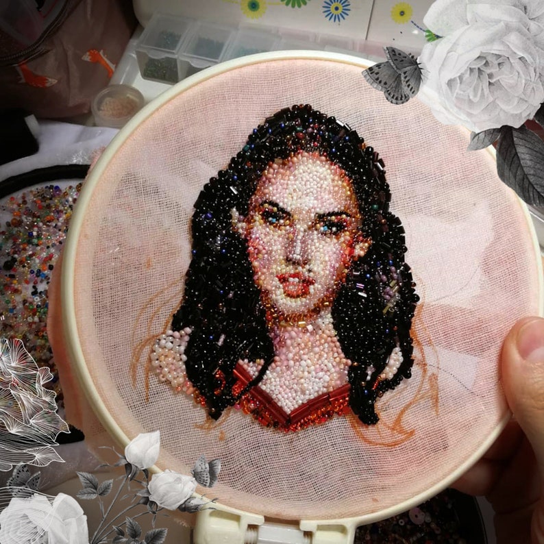 Embroidery beaded pin brooch. Vintage embroidered portrait Etsy