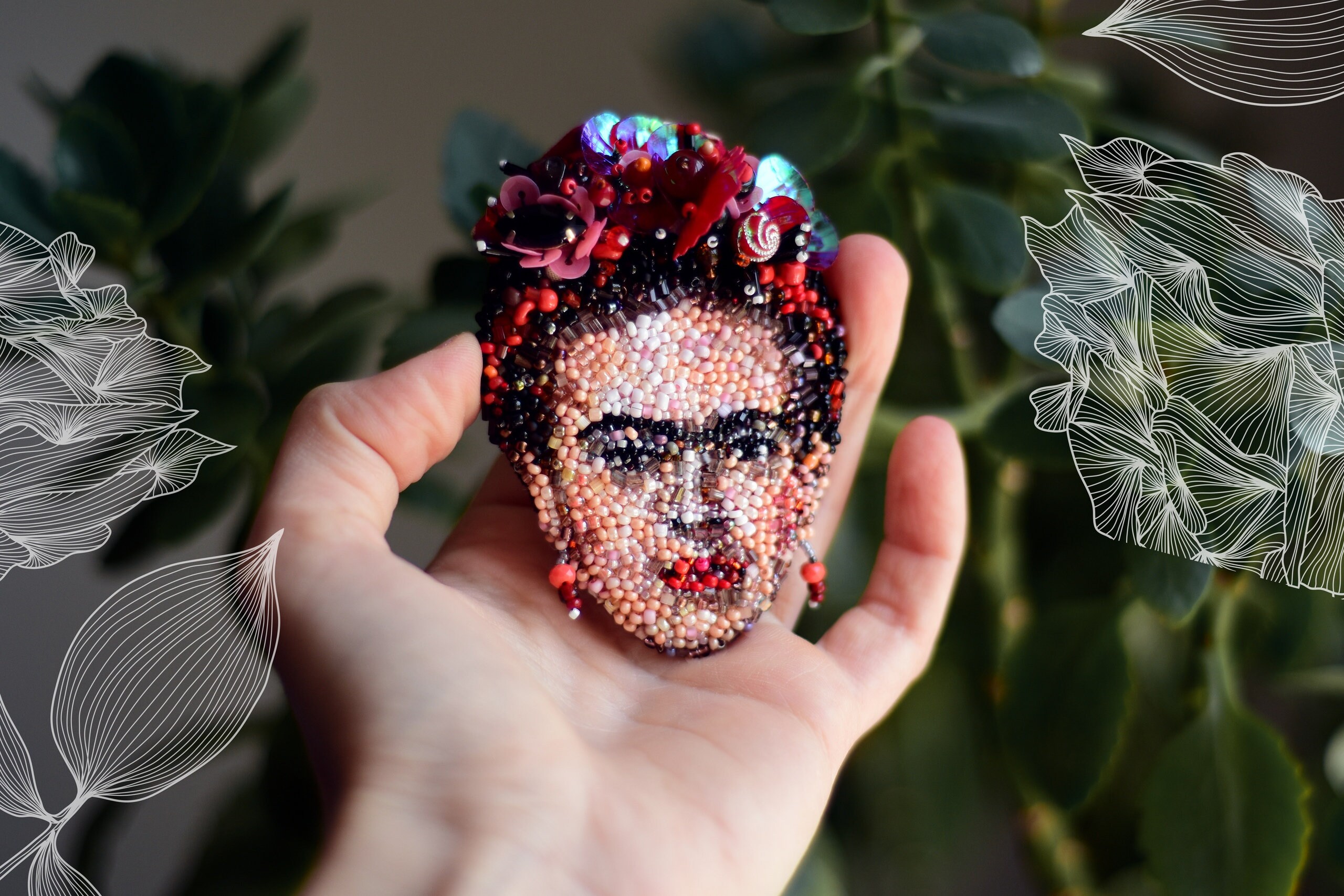 Embroidery beaded pin brooch. Vintage embroidered portrait Etsy