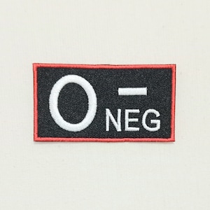 May include: Black and red embroidered patch with white lettering that reads "O-NEG".