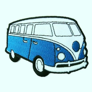 May include: Embroidered patch featuring a blue and white vintage van. The van has a classic design with a white roof, windows, and accents. The van's body is a vibrant blue, and it has black tires and a black outline.