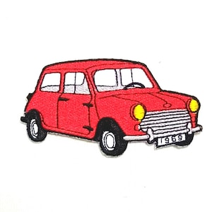 Peut inclure: Patch brod&eacute; rouge &agrave; repasser repr&eacute;sentant une Mini Cooper classique avec une plaque d'immatriculation "1969".