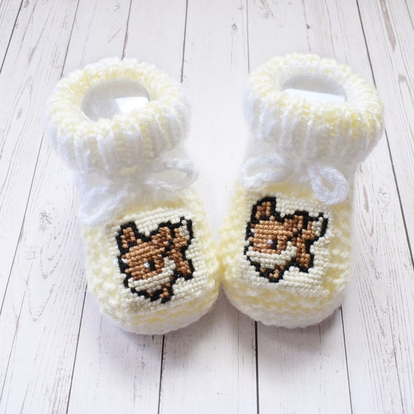 Pokemon Eevee inspired knitted baby booties * gender neutral newborn shoes *  stay on crib slippers * baby shower gift * coming home outfit