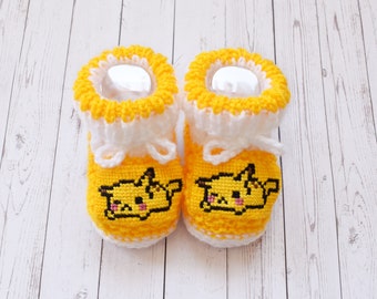 Pokemon Pikachu inspired knitted baby booties * gender neutral newborn stay on crib shoes * baby shower gift * pregnancy reveal * mom to be