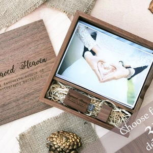Personalised Walnut Wooden presentation box photo album for 6x4 prints photos usb stick for photographers engraved 32GB Birthday gift afbeelding 1
