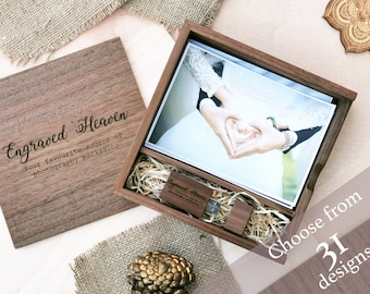Personalised Walnut Wooden presentation box photo album for 6x4 prints photos + usb stick for photographers engraved 32GB Birthday gift