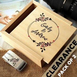 Clearance - Personalised USB memory stick and colour printed box & 32GB Maple USB drive in wooden presentation box Wedding USB box Pack of 2