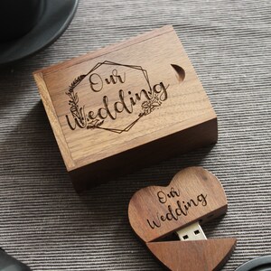 Personalised Wooden usb heart shaped memory stick for wedding photographers 32GB walnut custom usb drive in wooden presentation box image 3