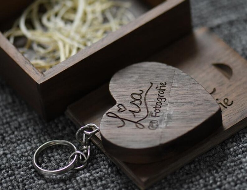 Personalised Wooden usb heart shaped memory stick for wedding photographers 32GB walnut custom usb drive in wooden presentation box image 4