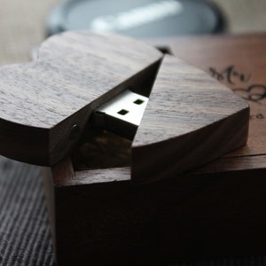 Personalised Wooden usb heart shaped memory stick for wedding photographers 32GB walnut custom usb drive in wooden presentation box image 5