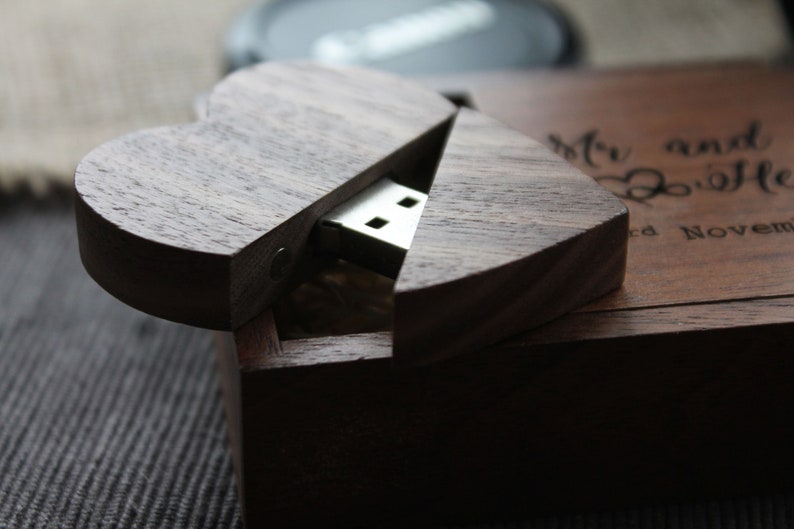 Personalised Wooden usb heart shaped memory stick for wedding photographers 32GB walnut custom usb drive in wooden presentation box image 5