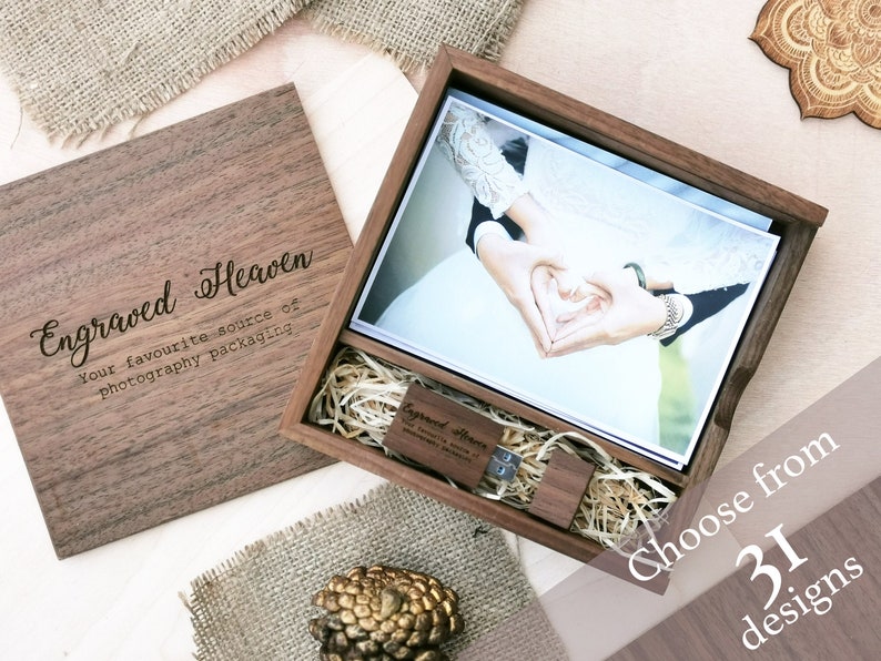 Personalised Walnut Wooden presentation box photo album for 6x4 prints photos usb stick for photographers engraved 32GB Birthday gift afbeelding 1