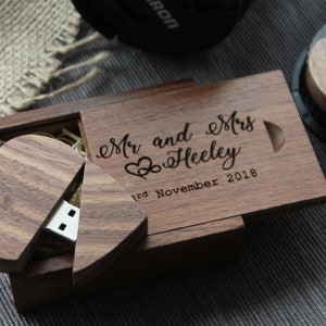 Personalised Wooden usb heart shaped memory stick for wedding photographers 32GB walnut custom usb drive in wooden presentation box image 2