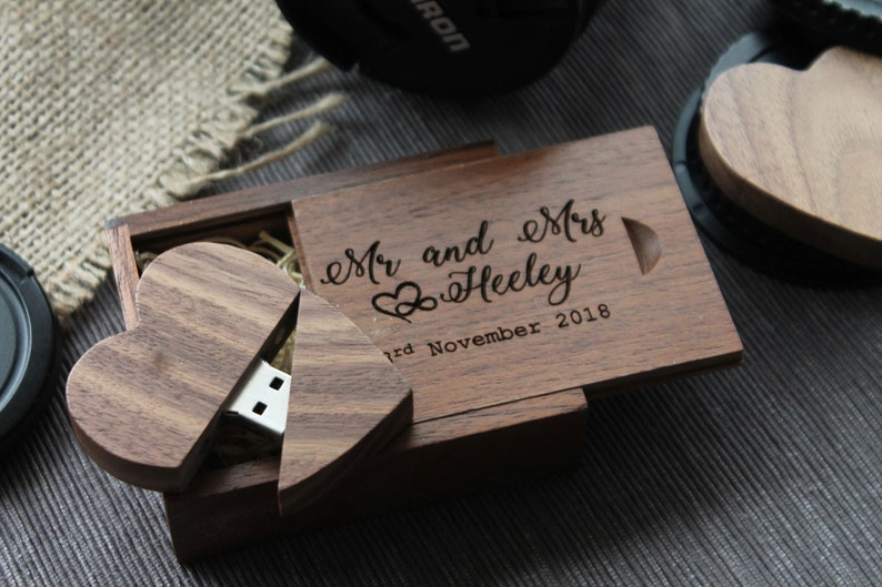 Personalised Wooden usb heart shaped memory stick for wedding photographers 32GB walnut custom usb drive in wooden presentation box image 2