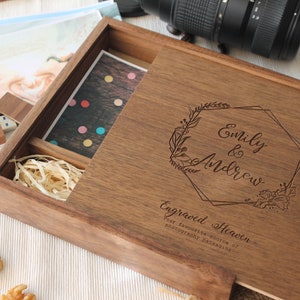 Personalised Walnut Wooden presentation box photo album for 6x4 prints photos usb stick for photographers engraved 32GB Birthday gift Only Box without USB