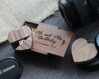 Personalised Wooden usb heart shaped memory stick for wedding photographers 32GB walnut custom usb drive in wooden presentation box
