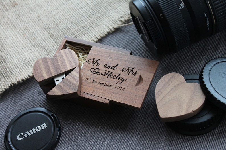 Personalised Wooden usb heart shaped memory stick for wedding photographers 32GB walnut custom usb drive in wooden presentation box image 1