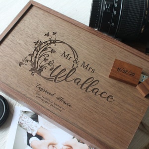 Personalised Wooden Wedding USB + Photo Album Keepsake for 5x7" photos, Christmas gift for couples, Anniversary, memory stick flash drive