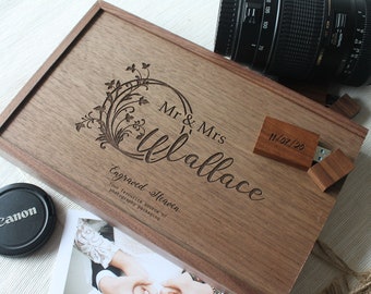 Personalised Wooden Wedding USB + Photo Album Keepsake for 5x7" photos, Christmas gift for couples, Anniversary, memory stick flash drive