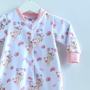 Organic Cotton Sleep Suit RTS 3-6mths, Koala Baby Clothes, Australian Animals Onepiece Romper, Handmade New Baby Shower Gift, Ships Fast