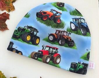 Cotton beanie hat with tractors, Farm tractors beanie hat, Tractor beanie for kids men, Lightweight jersey liner beanie, Daddy and son hats