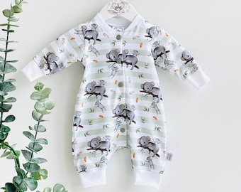 Cute koala newborn baby romper, Organic cotton long sleeve footless bodysuit, Bespoke handmade baby shower gift, Unisex coming home outfit
