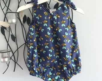 Navy blue cotton baby romper with bees, Unisex knotted summer playsuit, Cotton bubble shortie overall, Handmade baby boy girl clothing